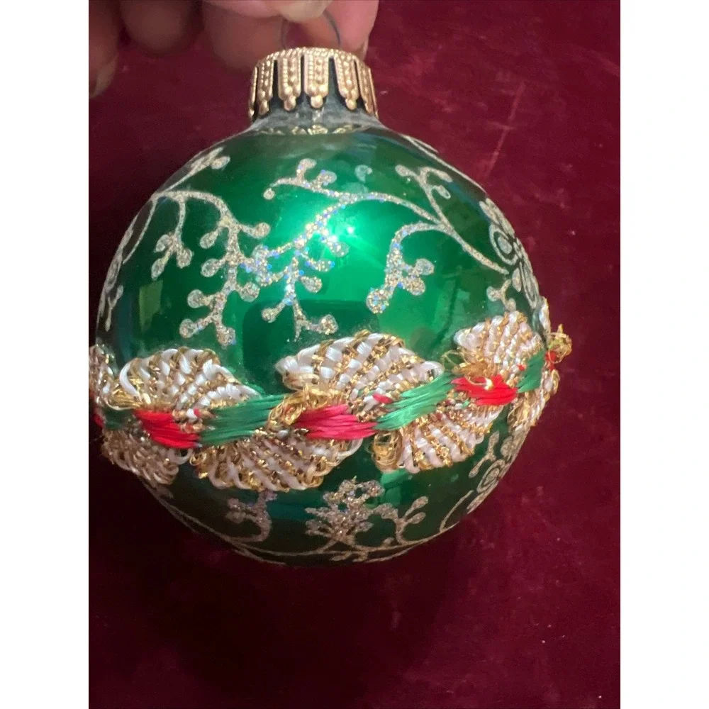 Vintage Green Glass Christmas‎ Ornament Silver Glitter Floral Braided Trim Band